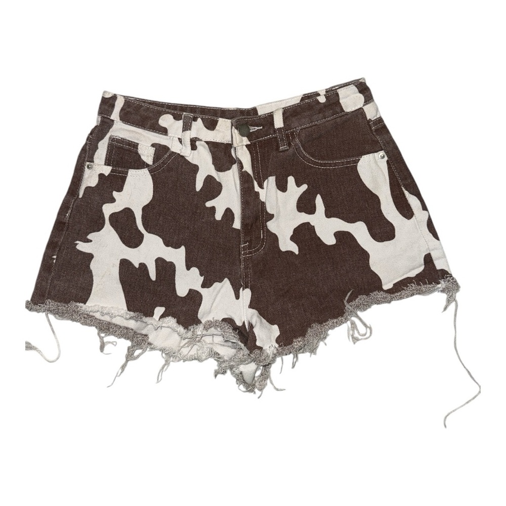 Cow print denim shorts